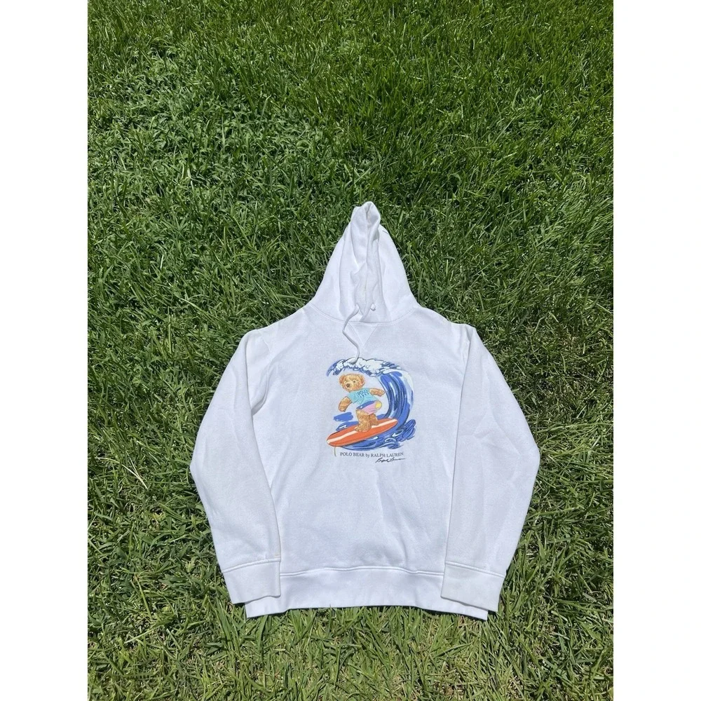 Polo Ralph Lauren Surfing Bear Hoodie Sweatshirt Men's Large White Pullover